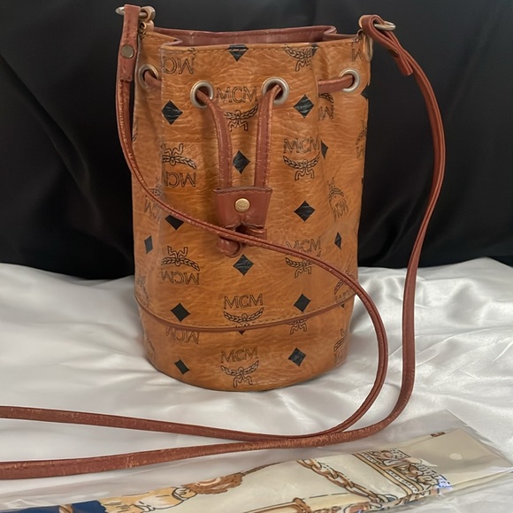 Cognac Mini MCM draw string bucket bag - Picture 1 of 11